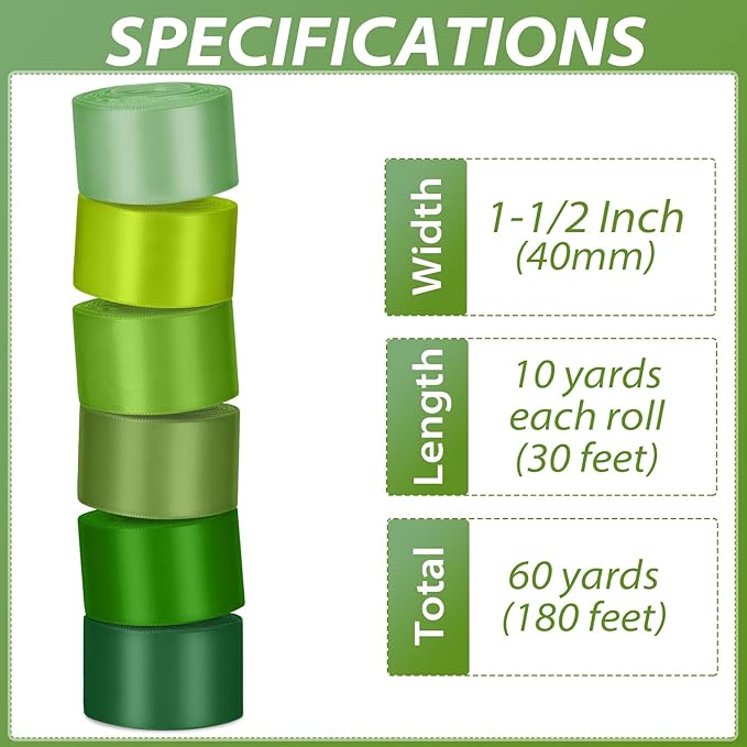 1-1/2 Inch Green Satin Ribbons for Crafts, 6 Rolls Single-Faced Green Assorted Ribbons for Gift Wrapping Flower Bouquet Wedding Invitations Bridal Shower Hair Bows Garland Party Decor