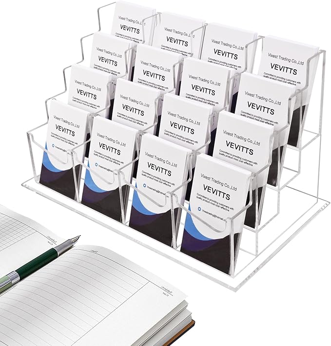 Clear Vertical Business Card Holder for Desk, Office Acrylic Business Card Display Holder Desktop Organizer Storage Cards Holders, Clear 4 Tiers 16 Pockets