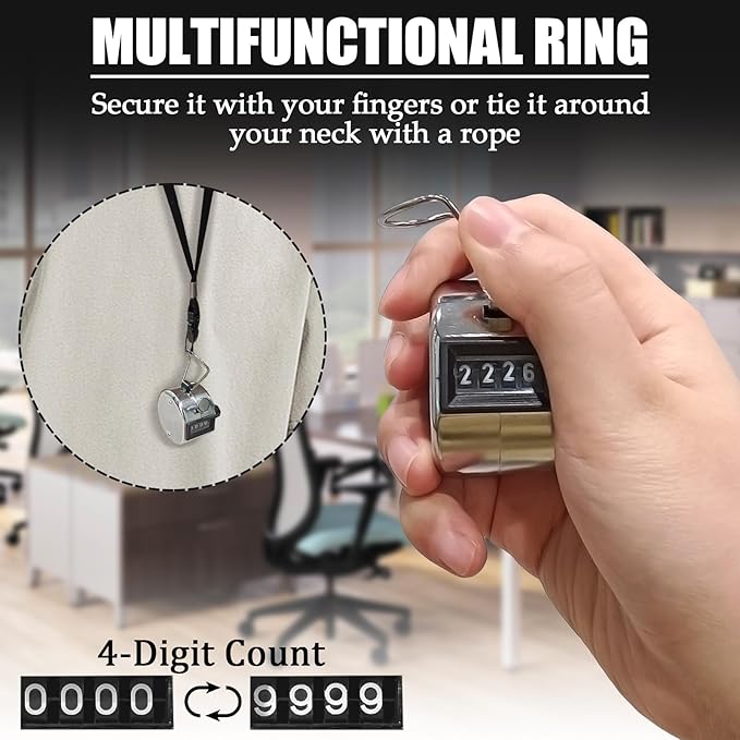 GDMINLO Metal Hand Tally Clicker Counter, 4-Digit Number Count Clicker with Metal Case Mechanical Counter for Coaching, Knitting, Lap, Fishing, Golf and Row with 2-Nylon Lanyard,Silver
