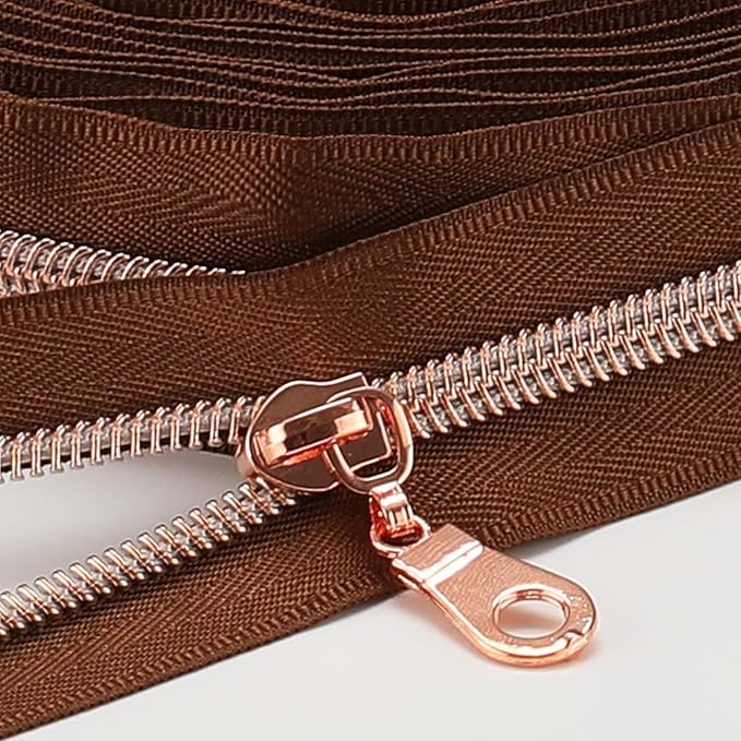 The Yards 10 Yards Bulk Brown Nylon Coil Zipper with Antique Brass Teeth - Replacement Sewing Zipper with 10PCS Sliders for DIY Craft Bags
