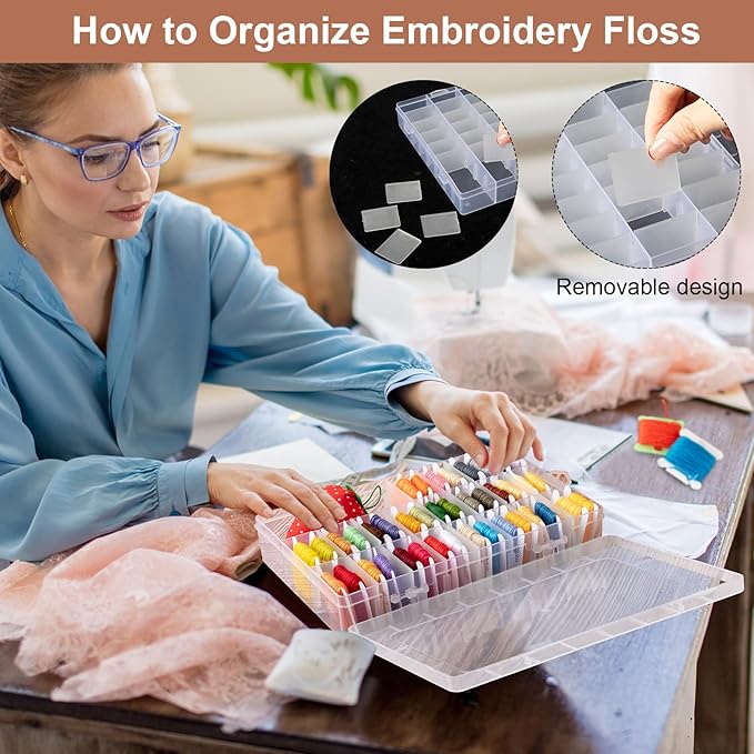 GlikCeil 256 Pcs Embroidery Floss Organizer Kit - 2 Removable 24-Grid Thread Storage Boxes with Plastic Bobbins, 2 Bobbin Winders, Twin-tip Markers for Cross Stitch, DIY Sewing, Craft Storage