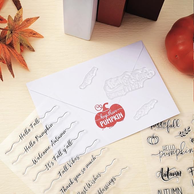 Whaline 4 Sheet Fall Thanksgiving Words Clear Stamps Greeting Words Pumpkin Maple Leaves Silicone Transparent Stamps Happy Fall Stamp Cards for DIY Craft Card Making Scrapbooking Embossing Album Decor