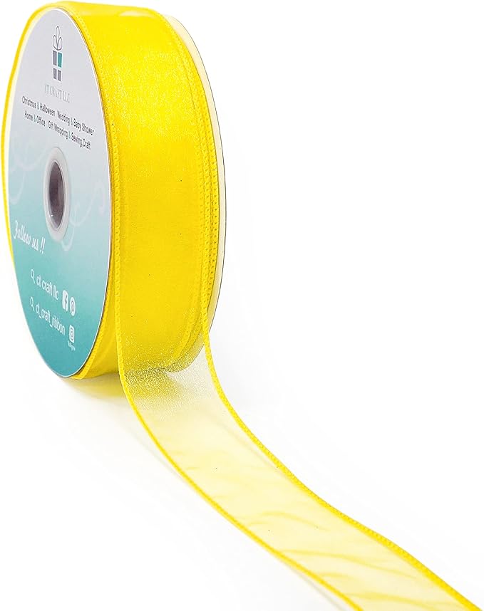 CT CRAFT LLC Sheer Organza Wired Ribbon 1.5" x 50Yards Yellow for Wedding Chair Bow Flora Bouquet Gift Wrapping Christmas Tree Home Decor Wreath