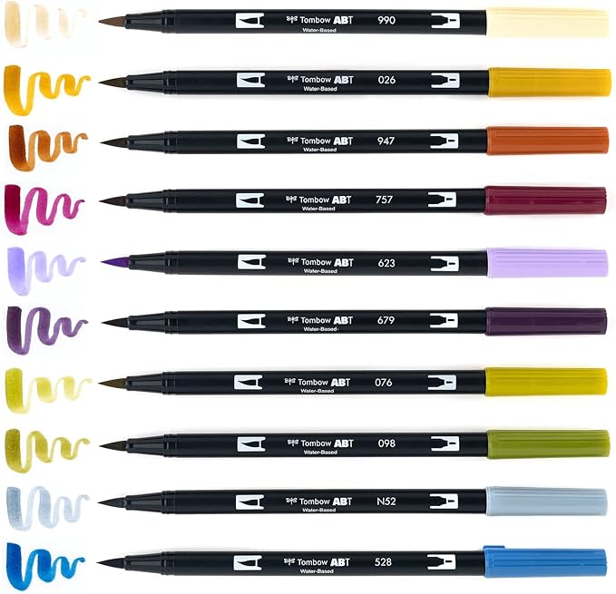 Tombow 56186 Dual Brush Pen Art Markers, Muted, 10-Pack. Blendable, Brush and Fine Tip Markers