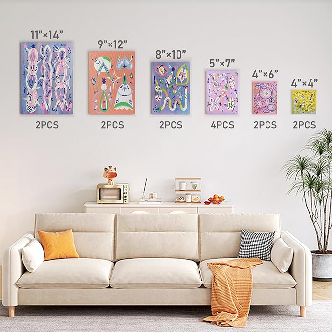 Gotideal Canvas for Painting, 14 Pcs Muti Pack Stretched Painting Canvas, Blank Paint Canvas for Acrylic, Oil, Art Supplies for Artists, Adults 4x4,4x6, 5x7, 8x10,9x12, 11x14 Set of 14