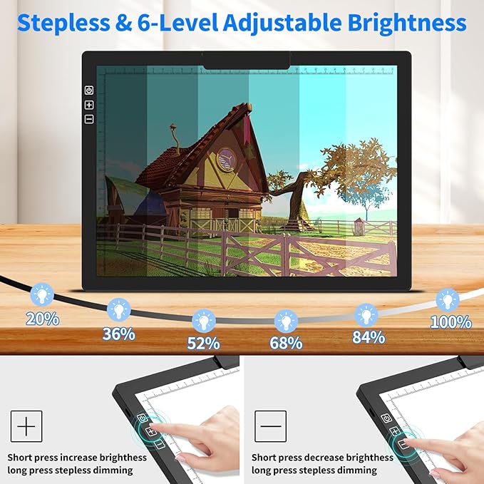 HIUKCOLED Rechargeable A4 Light Pad, Battery Powered Light Board with Top Clip＆Stand, Stepless Dimmable＆6-Level Brightness Adjustable, Wireless LED Tracing Box for Diamond Painting,Drawing,Sketching