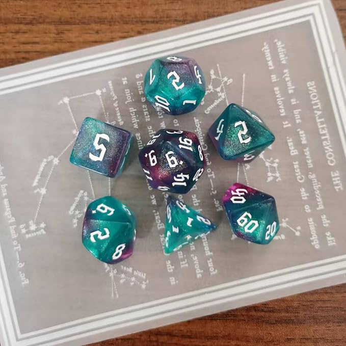 DND RPG Dice Set, Nebula Polyhedral Dice for Dungeons and Dragons, Mystery 7-Piece Set (Green Purple)