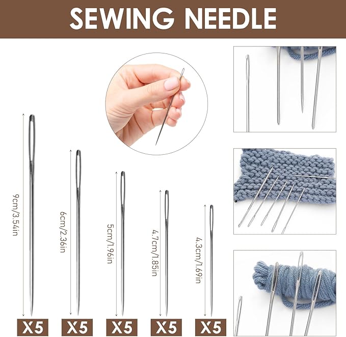 37 Big Eye Steel Sewing Needles Kit, Stainless Steel Hand Sewing Needles for Handcraft Lovers, Professional Steel Needle Set with Large Eye for DIY Sewing Crafts