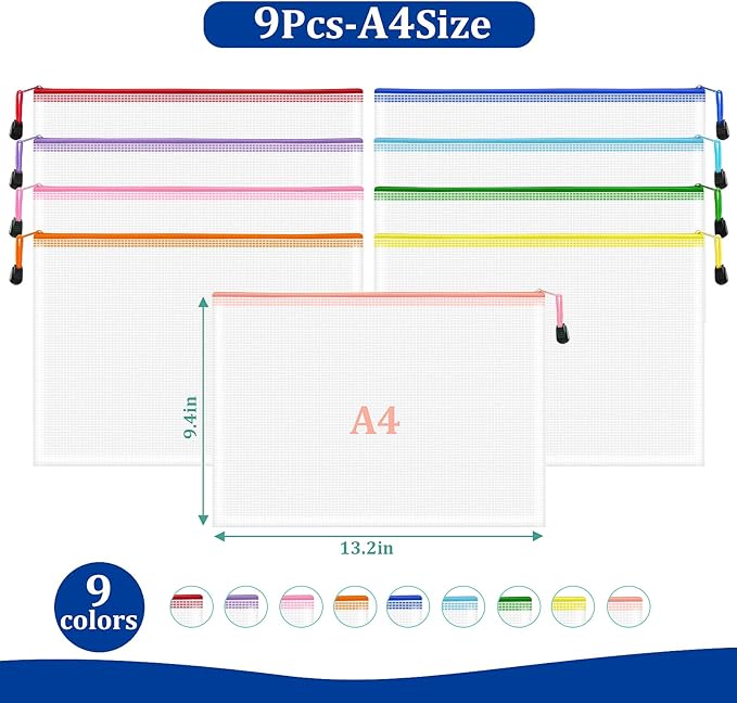 9pcs A4 Mesh Zipper Pouch Bags, 9 Colors, PVC Material, Reusable, Transparent, Zip Closure, Perfect for Toy Storage, Office Organization
