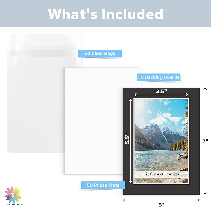Mat Board Center, Pack of 50, 5x7 for 4x6 Black Mat Kit - Acid Free, 4-ply Thickness, White Core - Includes Backing Boards and Clear Bags - for Pictures, Photos, Framing