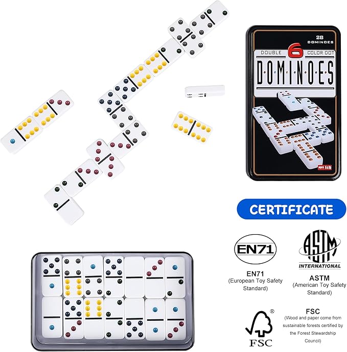 Double Six Dominoes Set with Tin Box - 28 Color Double 6 Domino Tiles for Kids & Adults, Classic Family Board Games for 2-4 Players, Travel, Party