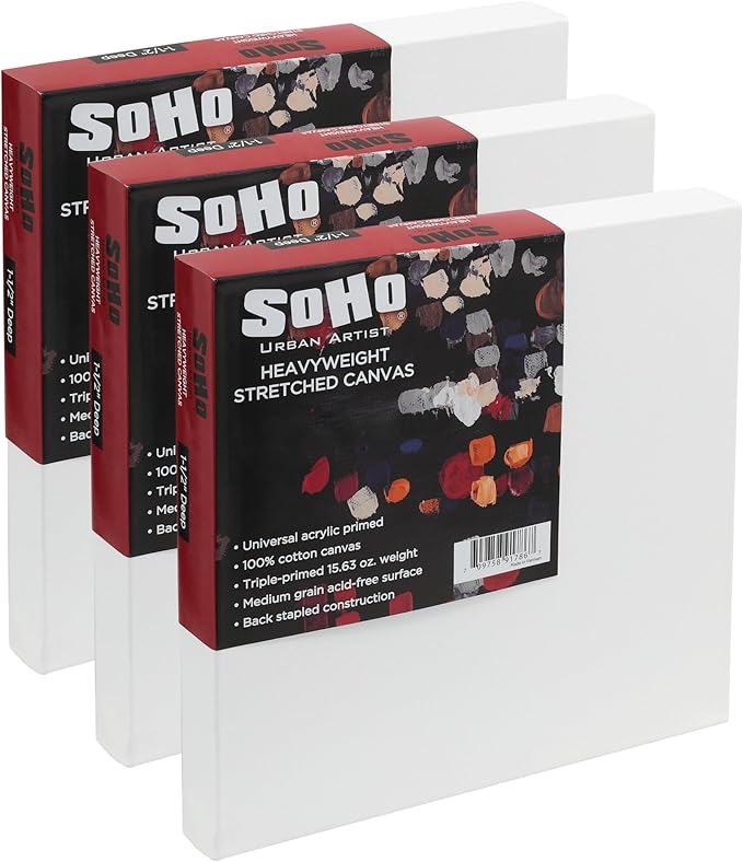 SoHo Urban Artist, 30x30 Heavyweight Stretched Cotton Canvas for Painting - 1.5" Deep- 3 Pack, Triple Primed, 100% Cotton Canvas, Archival, Universal Primed for Oil, Acrylic, Alkyd, Mixed Media