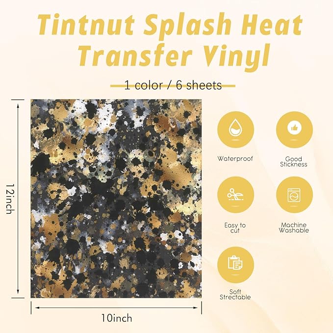 Tintnut Black Gold Splash Heat Transfer Vinyl - 6 Sheets 10"x12"Watercolor HTV Patterned HTV Iron On Vinyl for T-Shirts Hats Clothes,for Cricut & Silhouette Cameo