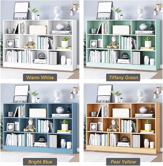 IOTXY Open Shelf Low Bookcase - Wooden 3-Tier Floor Standing Display Cabinet Organizer with Base, 10 Cubes Short Horizontal Bookshelf in Pear Yellow