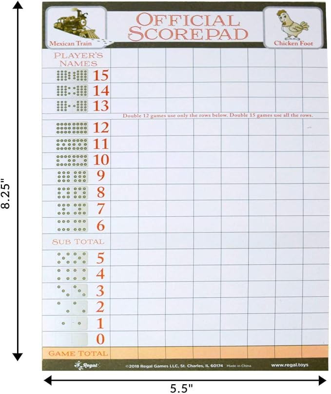 Regal Games Mexican Train Score Pads & Chicken Foot Dominoes Game for Adults - Ideal for Family Fun Game Night and Travel - 100 Sheets (8.25" x 5.5")
