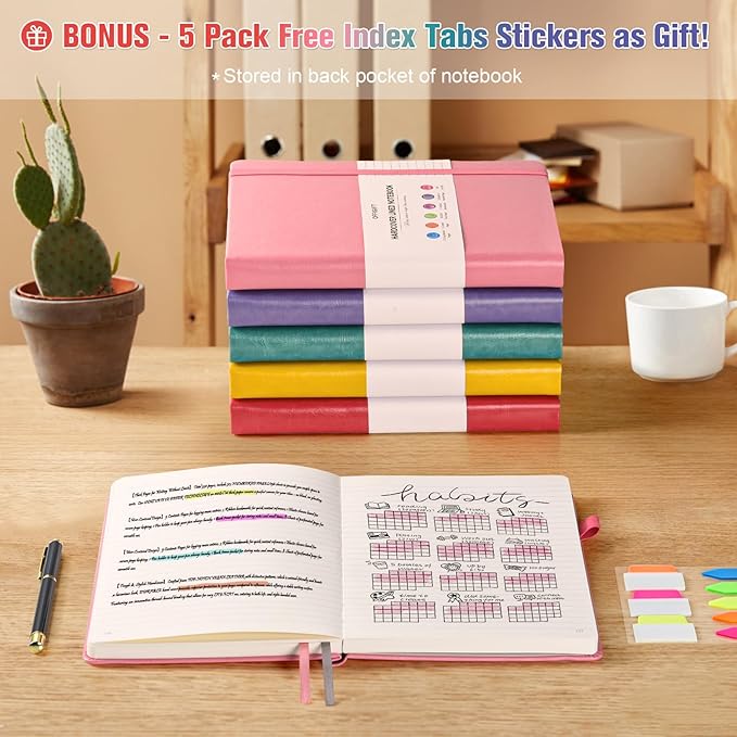 5 Pack Lined Notebook Journal for Women, 312 Numbered Pages Thick Notebooks Bulk, 100gsm No Bleed Paper Hardcover Leather Journal, College Ruled Notebook Set for Work Writing Travel, A5, Multicolor