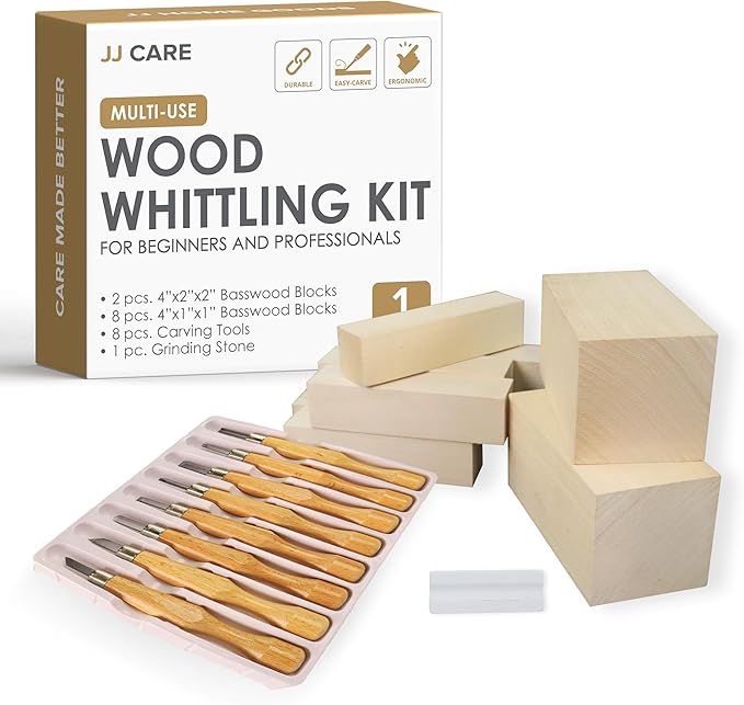 JJ CARE Wood Carving Kit [8 SK7 Carving Knives with Beechwood Handle, 10 Basswood Carving Blocks, and 1 Grinding Stone] - Beginner Wood Carving Kit, Wood Carving Tools Set, Wood Carving Set for Kids