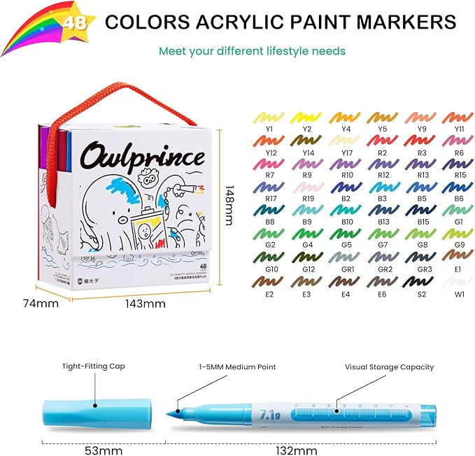 7.1G Acrylic Paint Markers Direct Liquid - 48 Colors Acrylic Markers with Automatic Ink Control, Paint Markers High Opacity Paint Pens Waterproof Lightfast for Rock Painting Eggs Wood Glass Ceramic