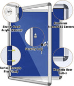 26"x20" Enclosed Bulletin Board, Lockable Weather-Resistant Aluminum Cork Noticeboard for School & Office, Silver Frame w/Blue Flet