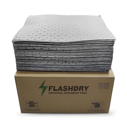 FlashDry - Universal Spill Absorbent Pads | 17.5” x 13.5” x 2mm Oil and All Purpose Premium Liquid Pads Packed in a Convenient Sturdy Dispensing Box - 300 Pads in Total