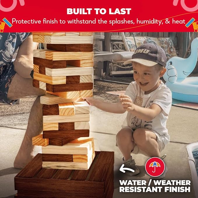 SWOOC Games - Reclaimed Giant Tower Game (Weather Resistant) 60 Blocks + Storage Crate/Outdoor Game Table | Stacks up to 5ft | Giant Outdoor Tower for Adults | Large Yard Activity | Jumbo Lawn Fun
