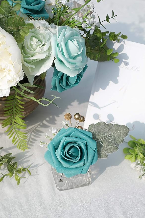 Floroom Artificial Flowers 50pcs Real Looking Teal Green Foam Fake Roses with Stems for DIY Wedding Bouquets Bridal Shower Centerpieces Floral Arrangements Party Tables Home Decorations