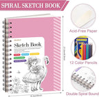 Sketch Book with 12 Color Pencil Set, 90 Sheets Spiral Sketchbook for Drawing (68lb/100gsm), Acid-Free Sketch Pad for Kids Artist, Art Paper Drawing Supplies for Gifts(Pink)