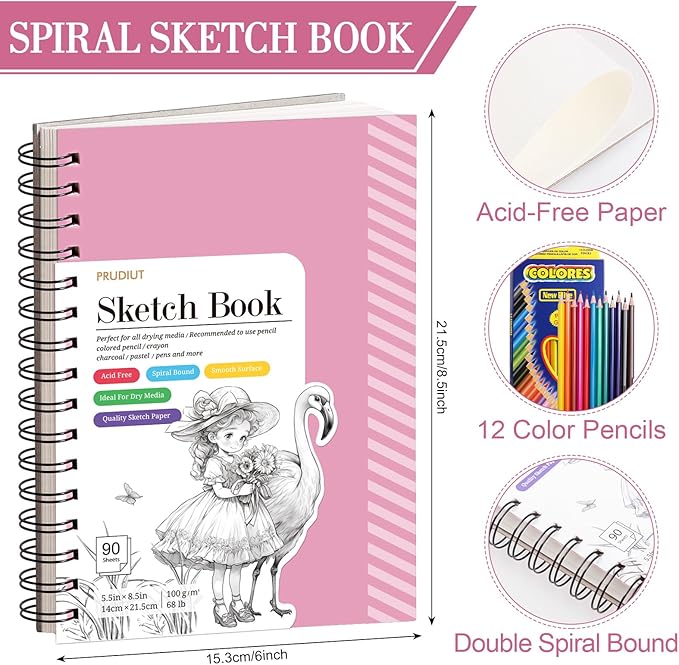 Sketch Book with 12 Color Pencil Set, 90 Sheets Spiral Sketchbook for Drawing (68lb/100gsm), Acid-Free Sketch Pad for Kids Artist, Art Paper Drawing Supplies for Gifts(Pink)