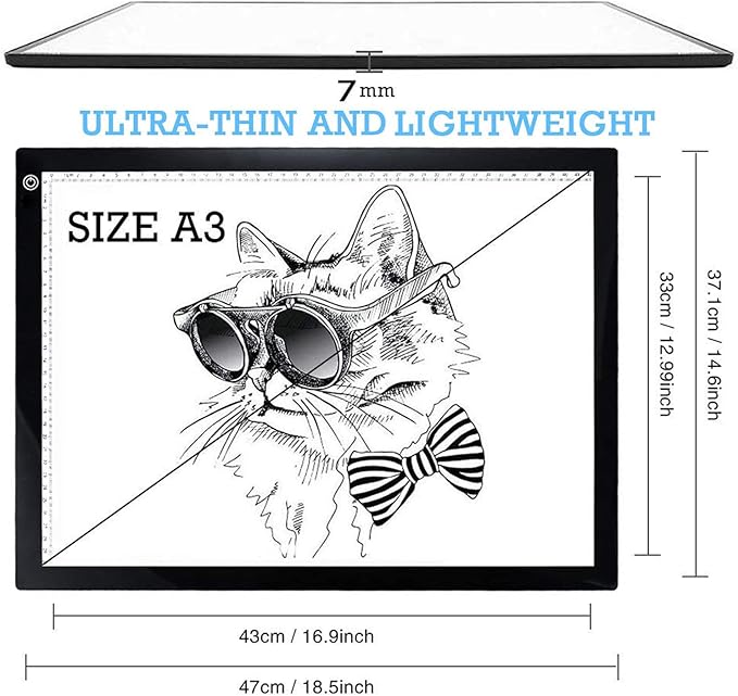 Light Box Drawing Pad A3, Tracing Board with Type-C Charge Cable and Brightness Adjustable for Artists, AnimationDrawing, Sketching, Animation, X-ray Viewing (A3-S)