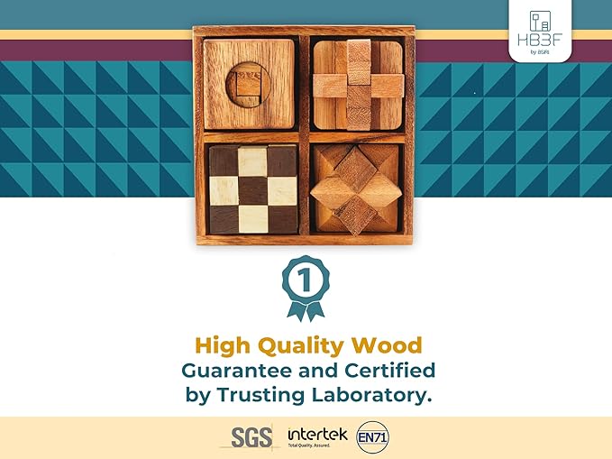 BSIRI Wooden Puzzle Box Set (4 Games) - Challenging Brain Teasers 3D Puzzles for Adults, Interlocking Games for IQ Test. Ideal for Rustic Patio Decor, Unique Gift for Christmas and Birthdays