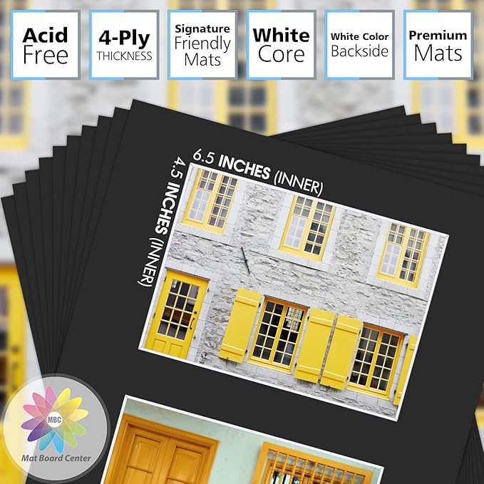 Mat Board Center, Pack of 10, Photo Picture Mats - Acid Free, 4-ply Thickness, White Core - for Pictures, Photos, Framing (11x14 for 2-5x7 Black)