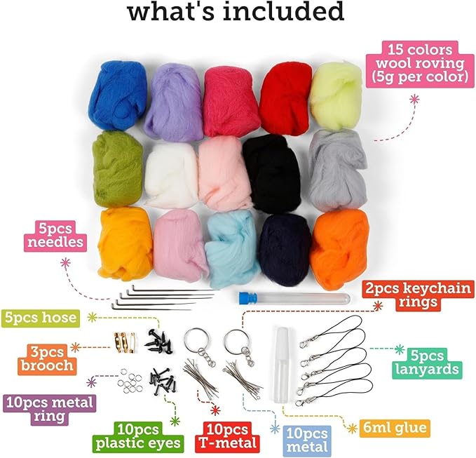 Incraftables Felting Needles Wool Roving Kit - Needle Felting Kit for Beginners, Adults & Kids – Wool Felting Kit with Plastic Eyes, Keychains, Glue & Accessories – 15 Colors