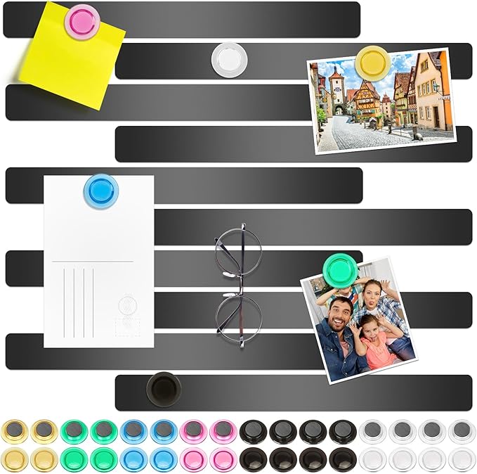 Wukong 10 Pack | 30x3cm(11.81 x 1.18) Magnetic Stainless Black Boards Strips, Adhesive Backing Bulletin Bar Board, Memo Board with 32Pcs Colorful Magnets for Office, Home, Photo Wall, Documents