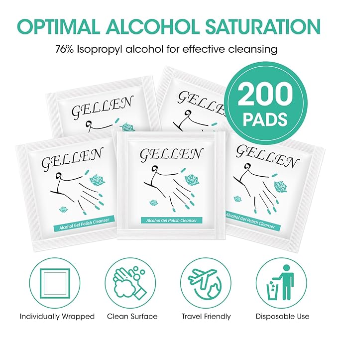 GELLEN Nail Cleanser Pads, 200 Pack Alcohol Prep Pads Nail Cleanser Wipes Remove Tacky Residue, Lint-free Glossy Wipes for Acrylic/Builder/Gel Polish Travel Individually Wrapped for Perfect Manicure