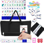 American Mahjong Set with 160 Acrylic White Tiles and 4 Transparent Holders/Pushers, Portable American Style Mahjong Game with Carrying Bag, Classic Board Games for Family Night