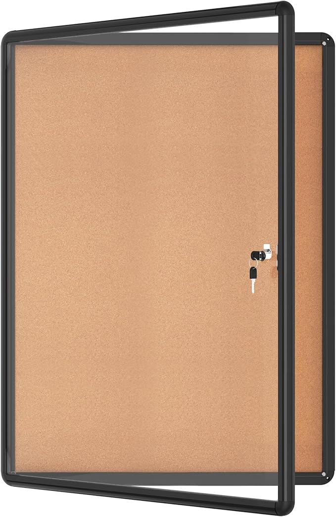 38"x28" Enclosed Bulletin Board, Lockable Weather-Resistant Aluminum Cork Noticeboard for School & Office, Black Frame w/Cork