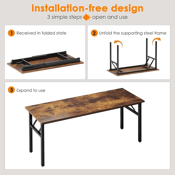 Need Folding Desk, 54 inch Large Computer Desk for Home Office, No Install Needed Study Student Writing Table Desk Workstation, Rustic Brown