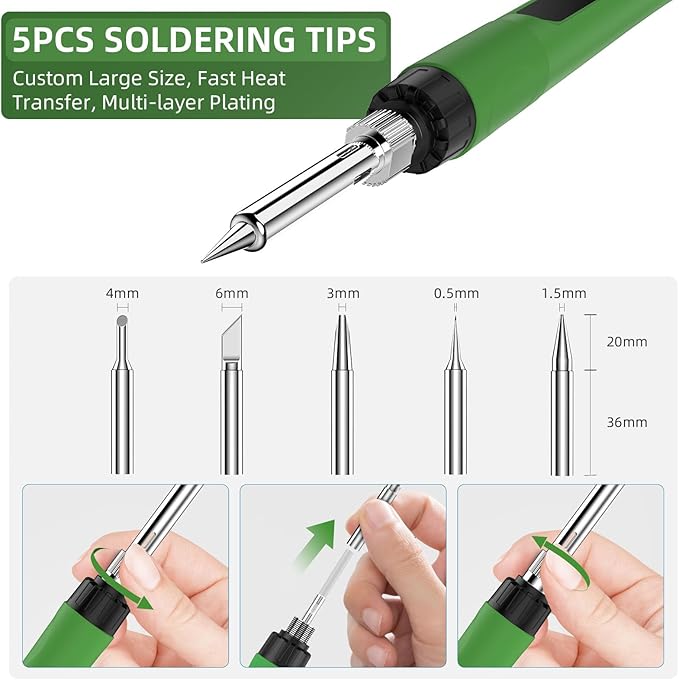 Soldering Iron Kit, 190W Soldering Gun, 110V LED Solder Kit for Electronics, Adjustable Temperature 356-932℉, Includes Solder Wire, Sucker, Tips, Stand, Tweezers, Paste and Solid Wood Box, Army Green