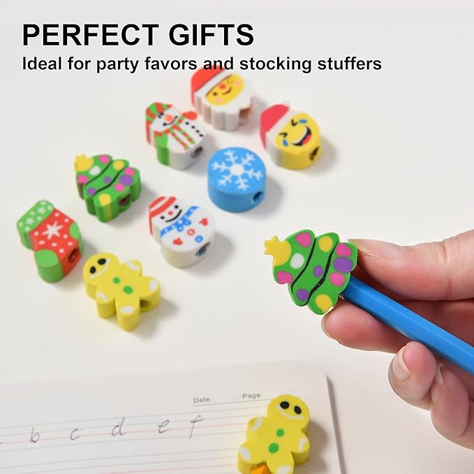 HILAZA 42Pcs Christmas Pencil Top Erasers for Kids Bulk, Cute Eraser Toppers Pencil Cap Erasers for Stocking Stuffers Goodie Bags Stuffers Holiday Party Favors