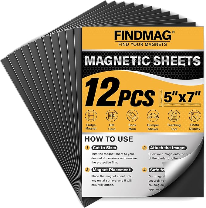 FINDMAG Magnet Sheets Adhesive, 5" x 7" 12 Pack Magnetic Stickers with 3M Self Adhesive Backing, Cuttable and Flexible Magnetic Sheets for Refrigerator, Magnet Strips with Stickers for Craft and DIY