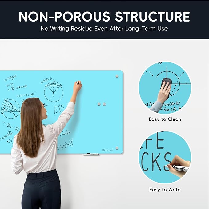 Magnetic Glass Whiteboard - Glass Dry Erase Board 48"x36" Large Frameless Glass Board for Walls Office School and Home, Blue