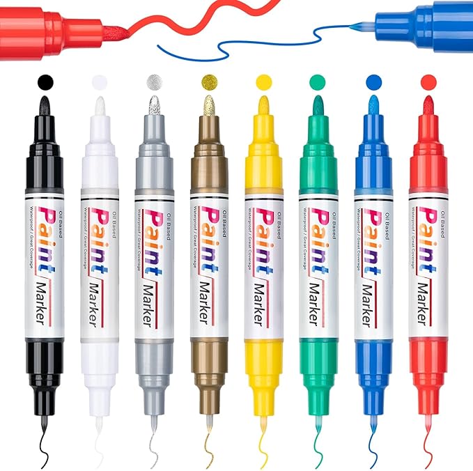 Oil Based Paint Markers, 8 Colors Dual Tip Paint Pens Paint Markers(0.7mm & 3mm), Waterproof Paint Pen for Rock Painting, Metal Wood Glass Stone Canvas Mugs Fabric Plastic