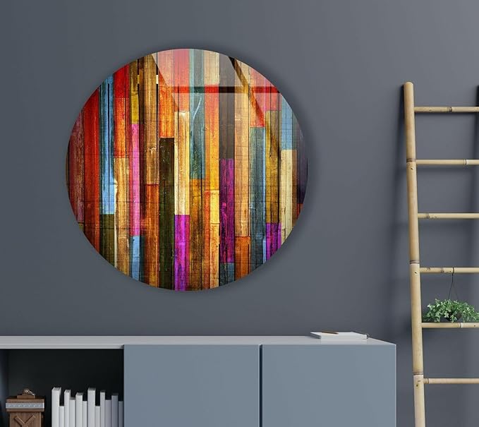My Photostation.com 20''(50cm) Diameter Colorful Wood Pattern Round Glass Wall Art Tempered Glass Printing Wall Decor Large Wall Art Wall Hangings