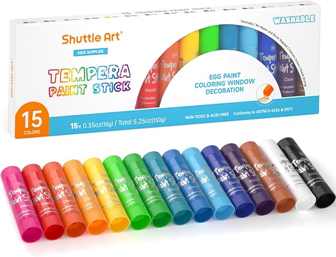 Tempera Paint Sticks, 15 Colors Solid Tempera Paint for Kids, Super Quick-drying, Washable, Works Great on Paper Wood Glass Ceramic Canvas
