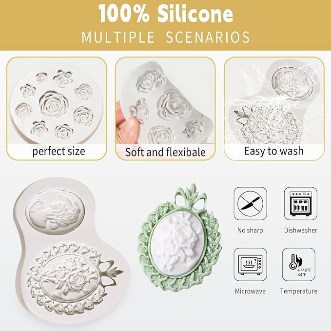 Growtail Vintage Frame Fondant Silicone Molds - Baroque & Rose Flower Designs for Chocolate Cake Decoration & Cupcake Toppers