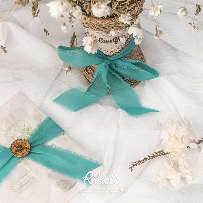 Ribbli Teal Chiffon Silk Ribbon - 1-1/2 inch x 20 Yard Handmade Fringe, Perfect for Weddings, Home Decor