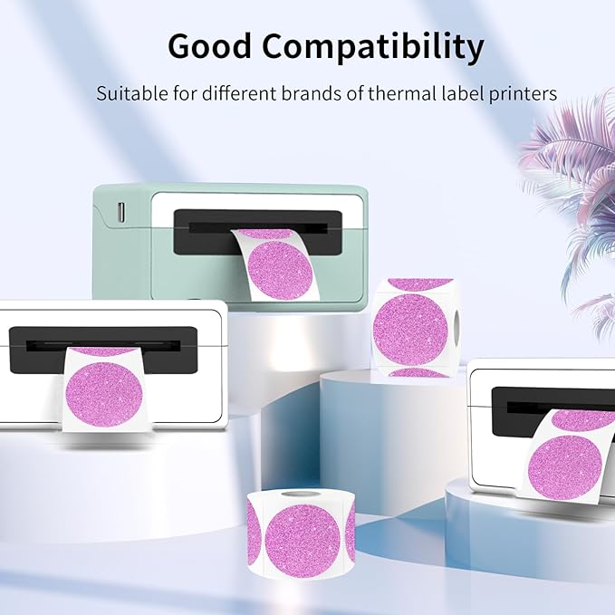 1.5" Holographic Direct Thermal Label Stickers, Round Printable Rainbow Glitter Thermal Printer Sticker Labels for Gift Wrapping, Self-Adhesive DIY Custom Logo Design- Glitter Pink