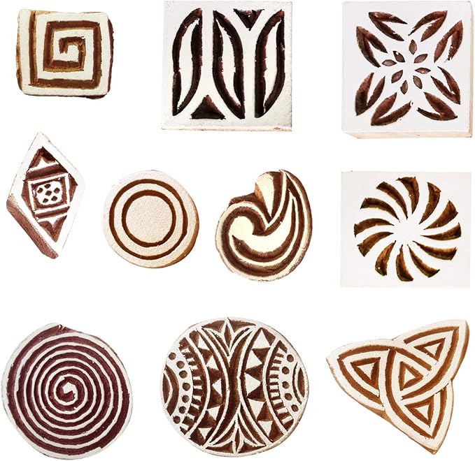 Royal Kraft Geometric Wooden Printing Stamps (Set of 10) - DIY Henna Fabric Textile Paper Clay Pottery Blocks Htag2162