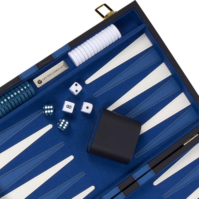 Get The Games Out Top Backgammon Set - Classic Board Game Case - Best Strategy & Tip Guide - Available in Small, Medium and Large Sizes (Blue, Large)
