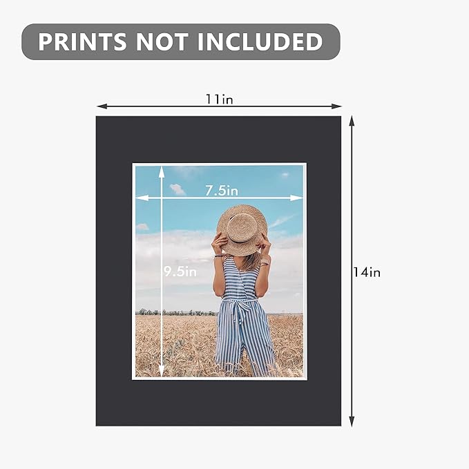 10 Pack Pre-Cut 11 x 14 Black Picture Mats for 8x10 Photos - White Core Bevel Cut Frame Matte, Acid Free, Ideal for Frames/Artwork/Prints